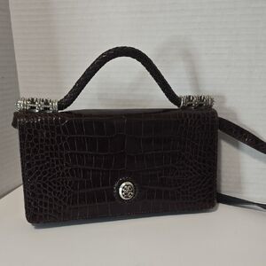 Vintage BRIGHTON Brown Crocodile-Embossed Clutch Crossbody with Metallic Detail